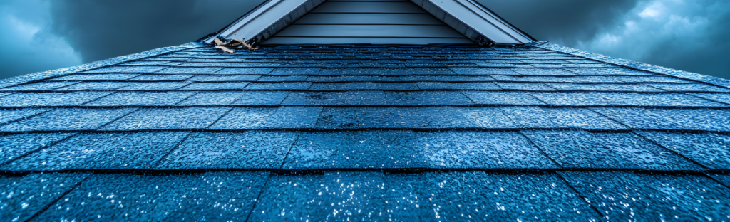 closeup of roof with hail and dark storm clouds behind