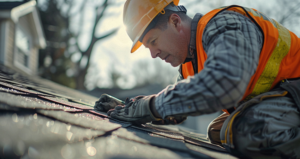 roofer looking at shingles on top of roof