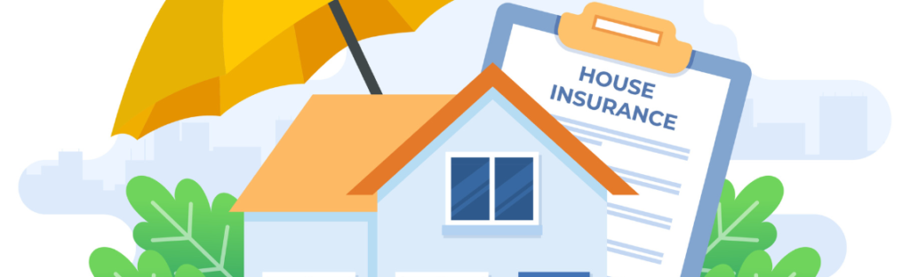 illustration of home with umbrella and clipboard with house insurance form