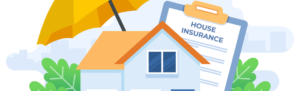 illustration of home with umbrella and clipboard with house insurance form
