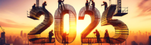 numbers 2025 with workers in hard hats standing on them