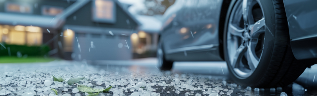 hail on driveway in front of home and car