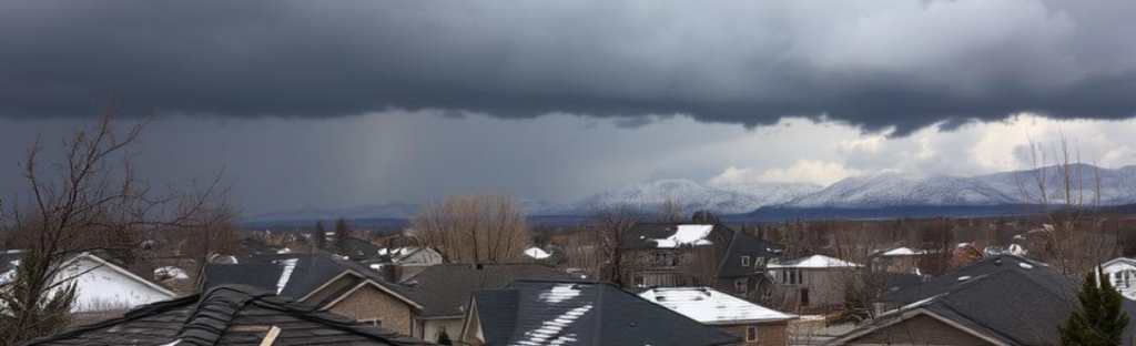 tops of roofs on homes with mountain range in back