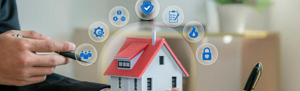 mini model house with digital insurance icons above and two people holding pens