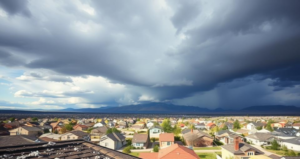 birdseye view of homes with mountain range and storm clouds