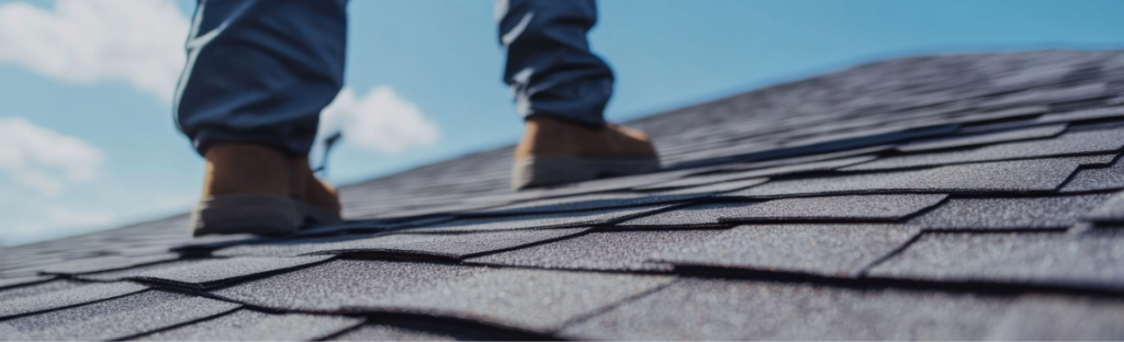 roofer walking on shingle roof