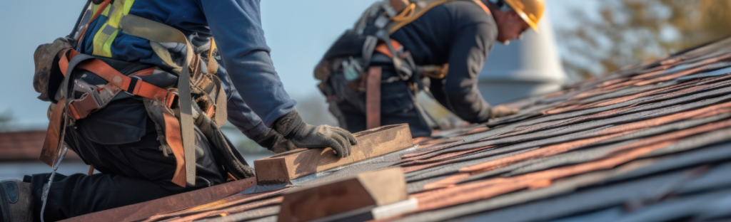 two roofers fixing roof