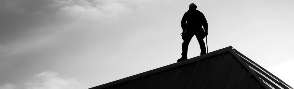 black and white photo of roofer on top of roof