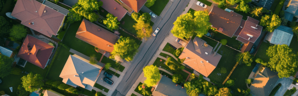 Aerial view of a suburban neighborhood with houses, trees, and a road.