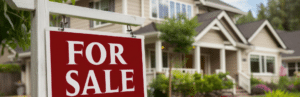 "For Sale" sign in front of a suburban house.