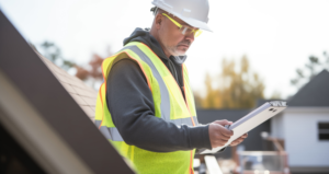 roofer checking clipboard