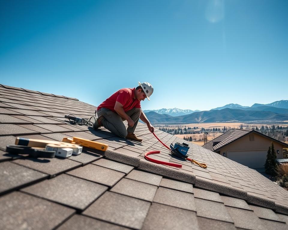 roof inspection services Colorado Person in hard hat working on a house roof with mountains in the background.