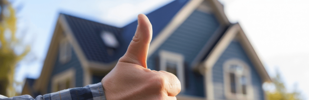 Thumbs-up gesture in front of a blue house with a peaked roof.