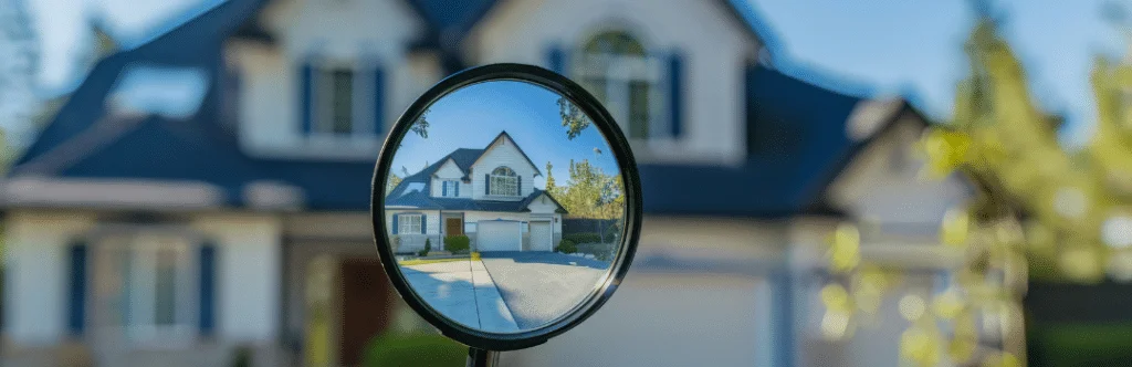 Magnified view of a house through a circular lens, with a blurred background.